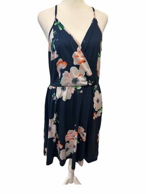 Floral Styleword  Navy Faux  Wrap Sundress with Spaghetti Straps. Size L